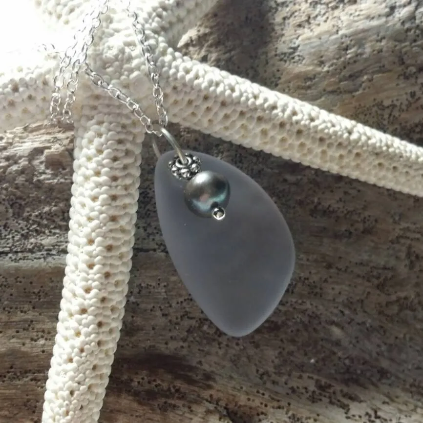 Handmade in Hawaii, Purple sea glass necklace, Fresh water purple pearl ,  gift box, Gift for her.