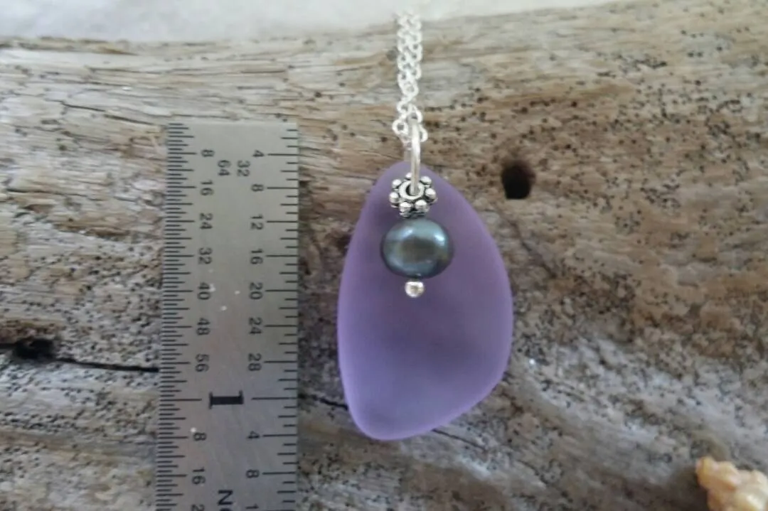 Handmade in Hawaii, Purple sea glass necklace, Fresh water purple pearl ,  gift box, Gift for her.