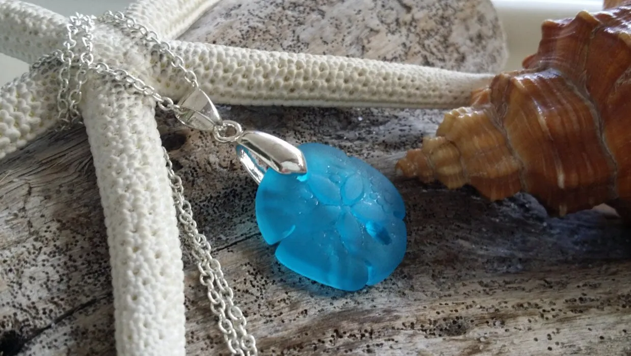Handmade in Hawaii, Sand dollar sea glass necklace ,Beach glass necklace, gift box, Beach sea glass jewelry.