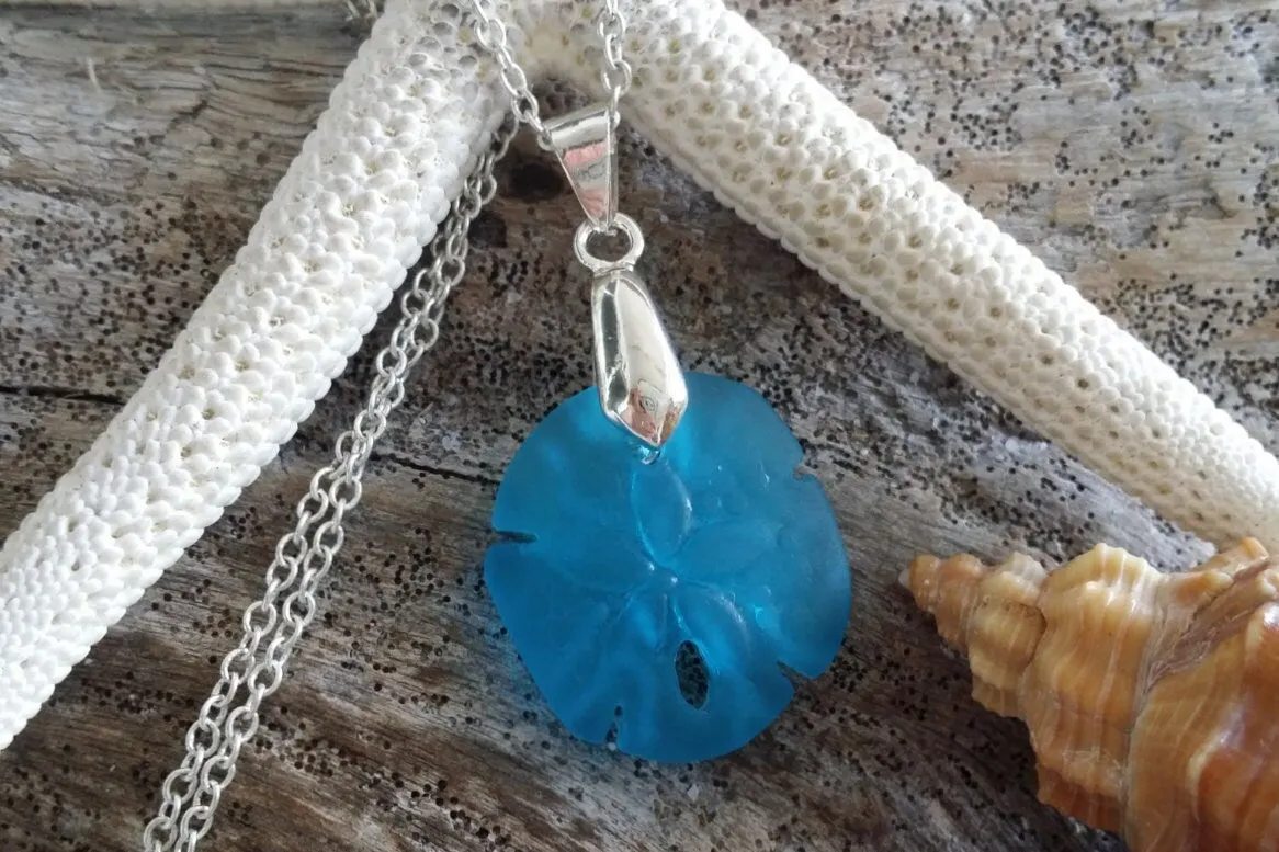 Handmade in Hawaii, Sand dollar sea glass necklace ,Beach glass necklace, gift box, Beach sea glass jewelry.