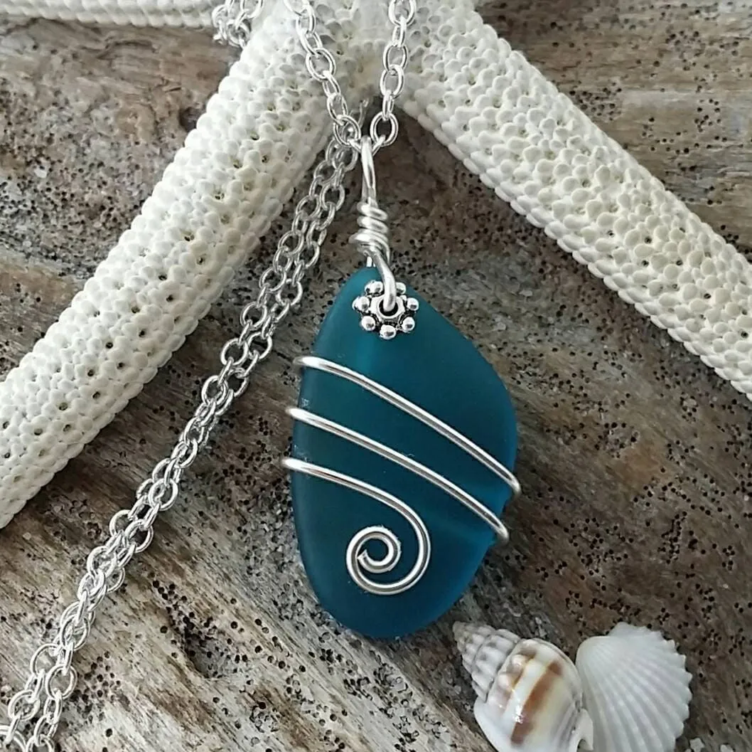 Handmade in Hawaii, Wire wrapped teal blue sea glass necklace, gift box, Mother's Day Gifts.sea glass jewelry.