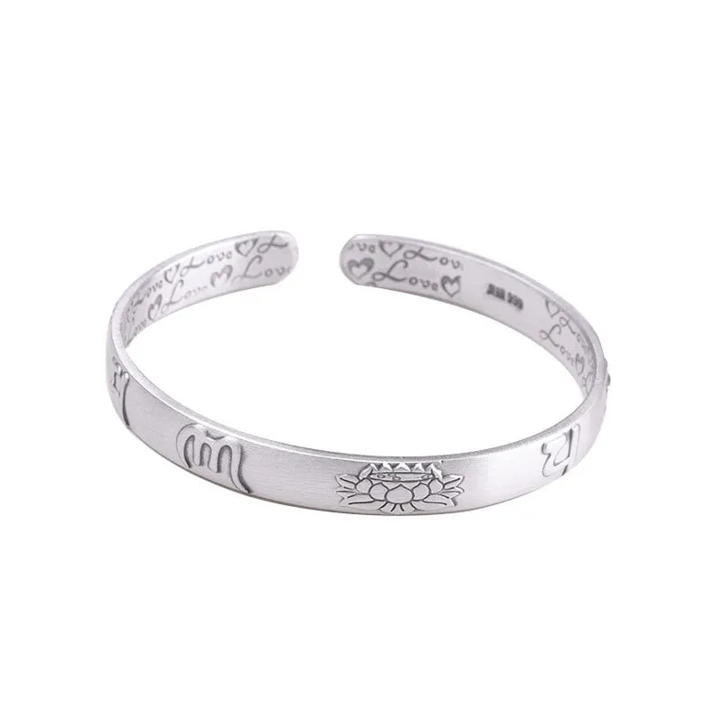 handmadebynepal 999 Sterling Silver Lotus Bangle Six Words Embossed Opening Cuff Bracelet For Women Mantra Buddhist Jewelry