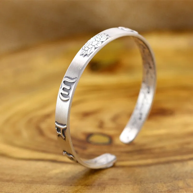 handmadebynepal 999 Sterling Silver Lotus Bangle Six Words Embossed Opening Cuff Bracelet For Women Mantra Buddhist Jewelry