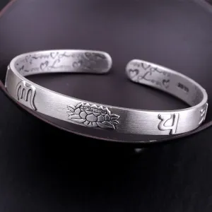 handmadebynepal 999 Sterling Silver Lotus Bangle Six Words Embossed Opening Cuff Bracelet For Women Mantra Buddhist Jewelry