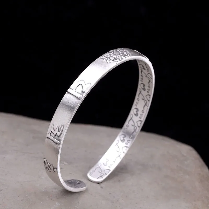 handmadebynepal 999 Sterling Silver Lotus Bangle Six Words Embossed Opening Cuff Bracelet For Women Mantra Buddhist Jewelry