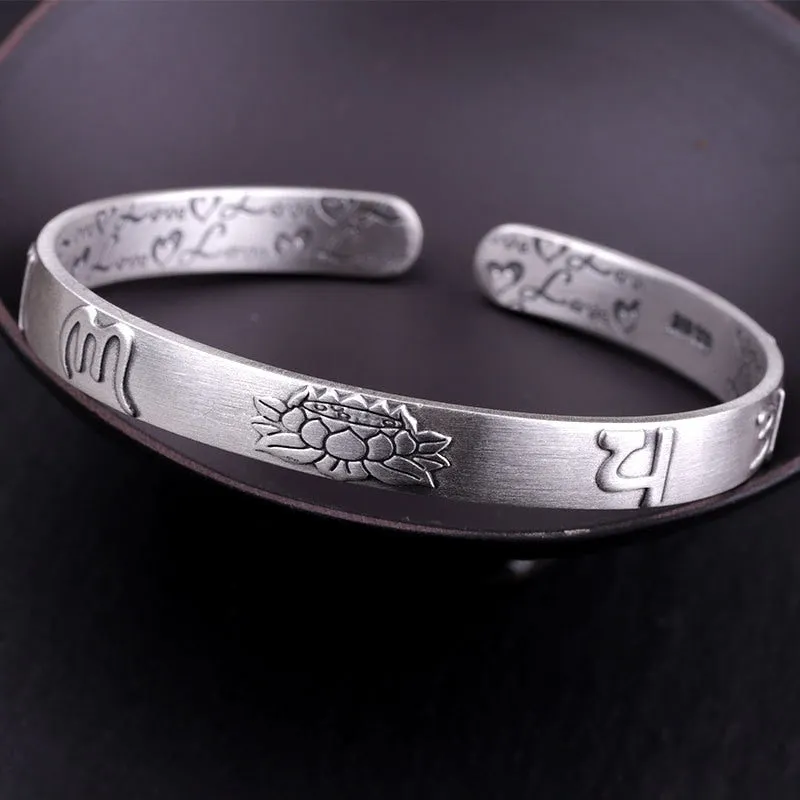 handmadebynepal 999 Sterling Silver Lotus Bangle Six Words Embossed Opening Cuff Bracelet For Women Mantra Buddhist Jewelry