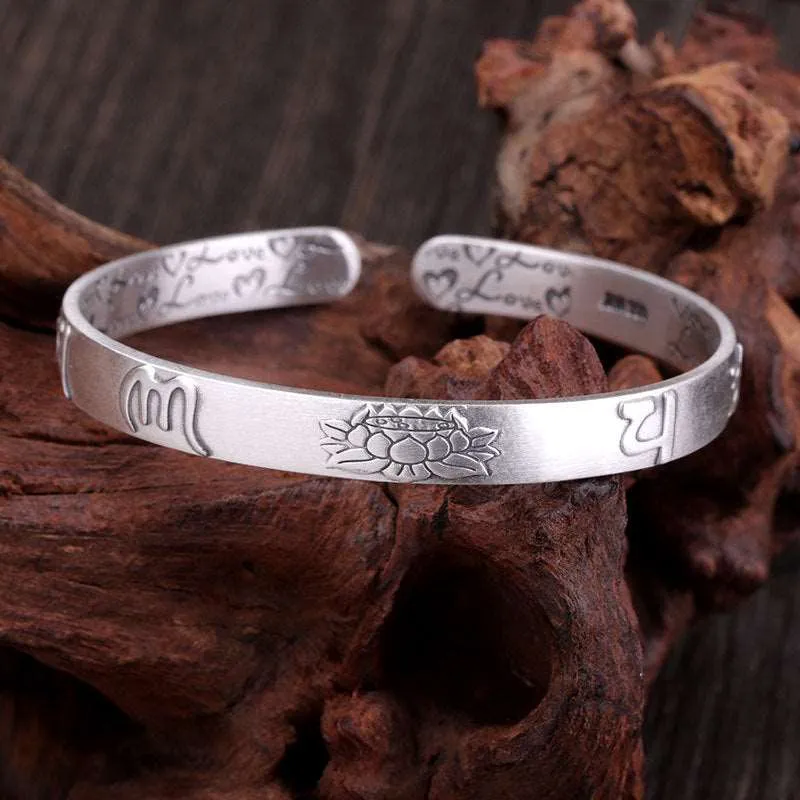 handmadebynepal 999 Sterling Silver Lotus Bangle Six Words Embossed Opening Cuff Bracelet For Women Mantra Buddhist Jewelry