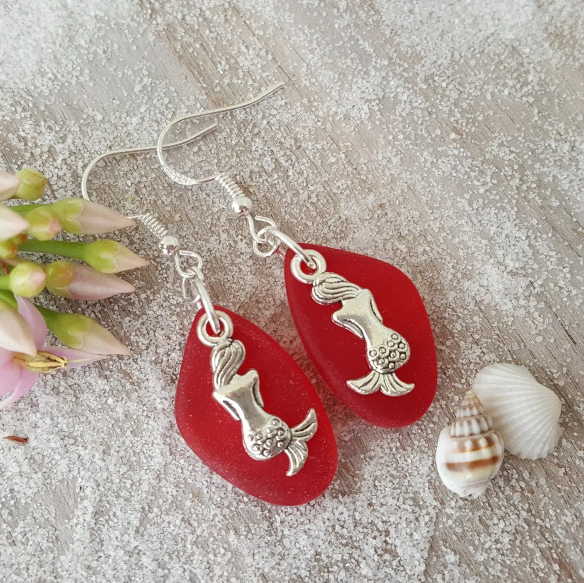 Hawaiian Jewelry Sea Glass Earrings, Red Earrings Mermaid Earrings, Sea Glass Jewelry Beach Jewelry Unique Birthday Gift(January Birthstone)