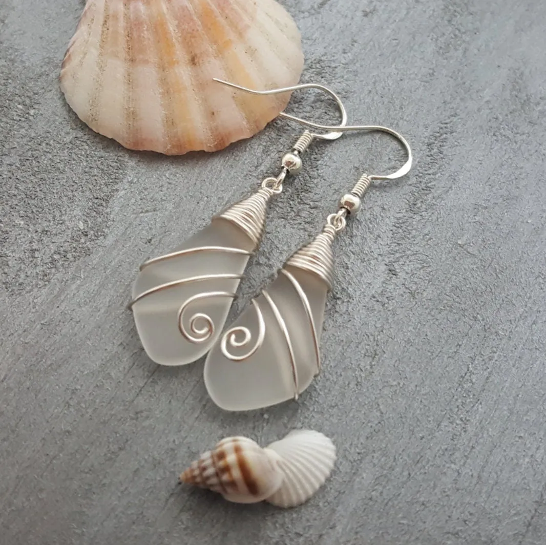 Hawaiian Jewelry Sea Glass Earrings, Wire Crystal Earrings, Sea Glass Jewelry For Women Beachy Birthday Present (April Birthstone Jewelry)