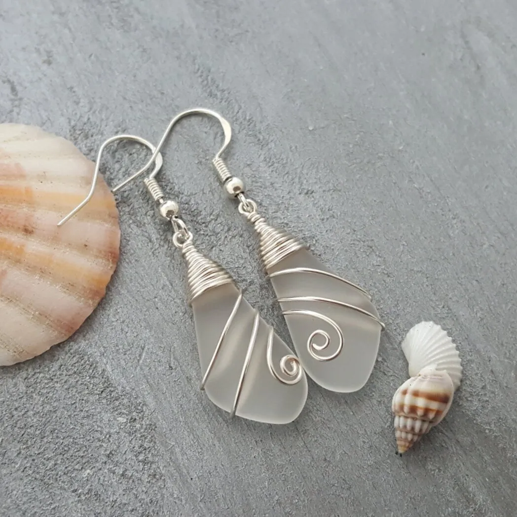 Hawaiian Jewelry Sea Glass Earrings, Wire Crystal Earrings, Sea Glass Jewelry For Women Beachy Birthday Present (April Birthstone Jewelry)