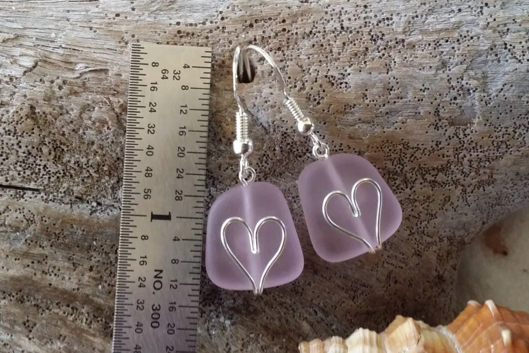 Hawaiian Jewelry Sea Glass Earrings, Wire Heart Earrigns Pink Earrings, Sea Glass Jewelry Beach Jewelry Birthday Gift (October Birthstone)