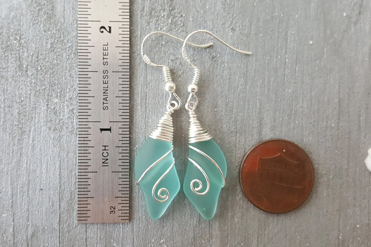 Hawaiian Jewelry Sea Glass Earrings, Wire Wave Aquamarine Earrings, Beach Jewelry Sea Glass Jewelry Unique Earrings(March Birthstone Jewelry