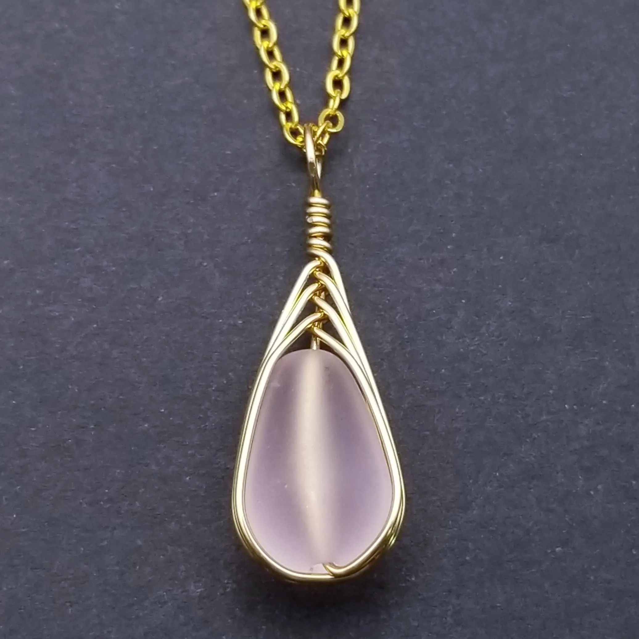 Hawaiian Jewelry Sea Glass Necklace, Gold Braided Pink Necklace Teardrop Necklace, Beach Jewelry Birthday Gift (April Birthstone Jewelry)