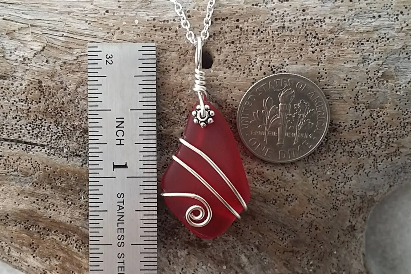 Hawaiian Jewelry Sea Glass Necklace, Wire Red Necklace, Sea Glass Jewelry Beach Jewelry Birthday Gift For Women (January Birthstone Jewelry)