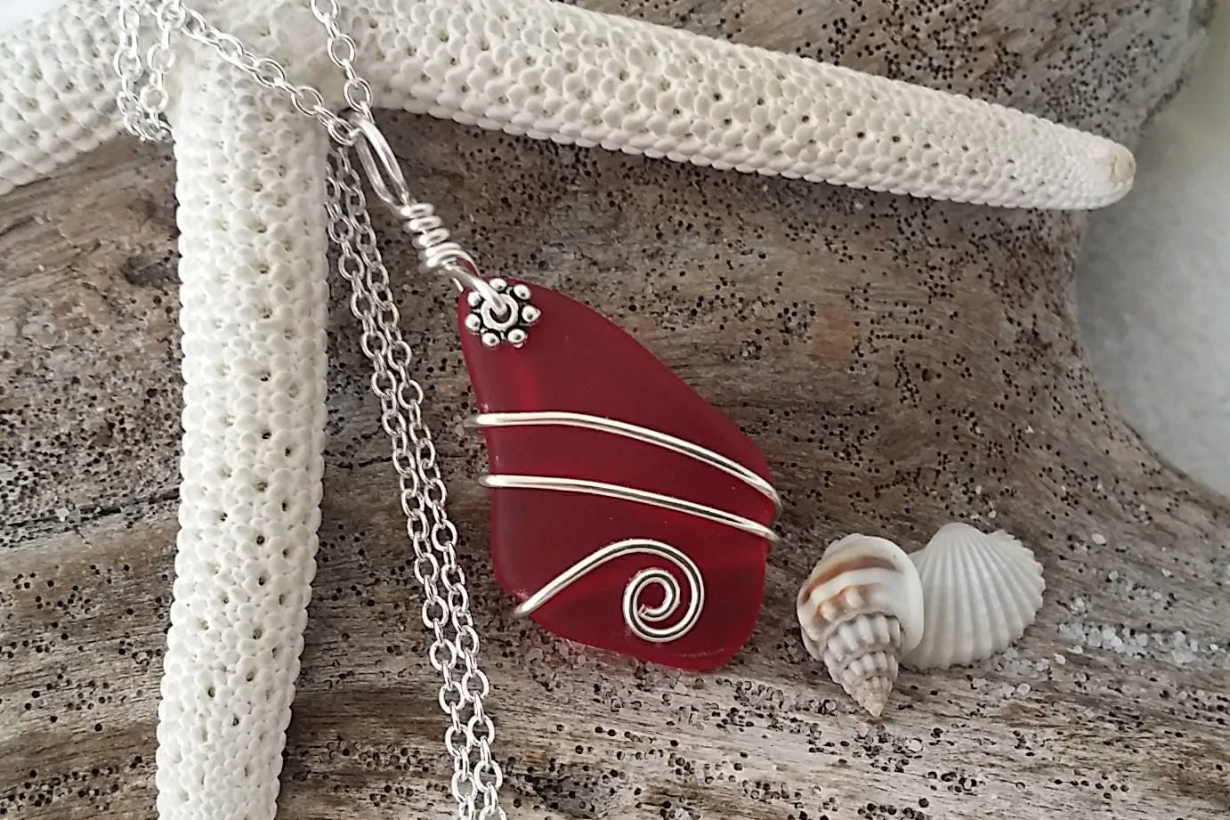 Hawaiian Jewelry Sea Glass Necklace, Wire Red Necklace, Sea Glass Jewelry Beach Jewelry Birthday Gift For Women (January Birthstone Jewelry)