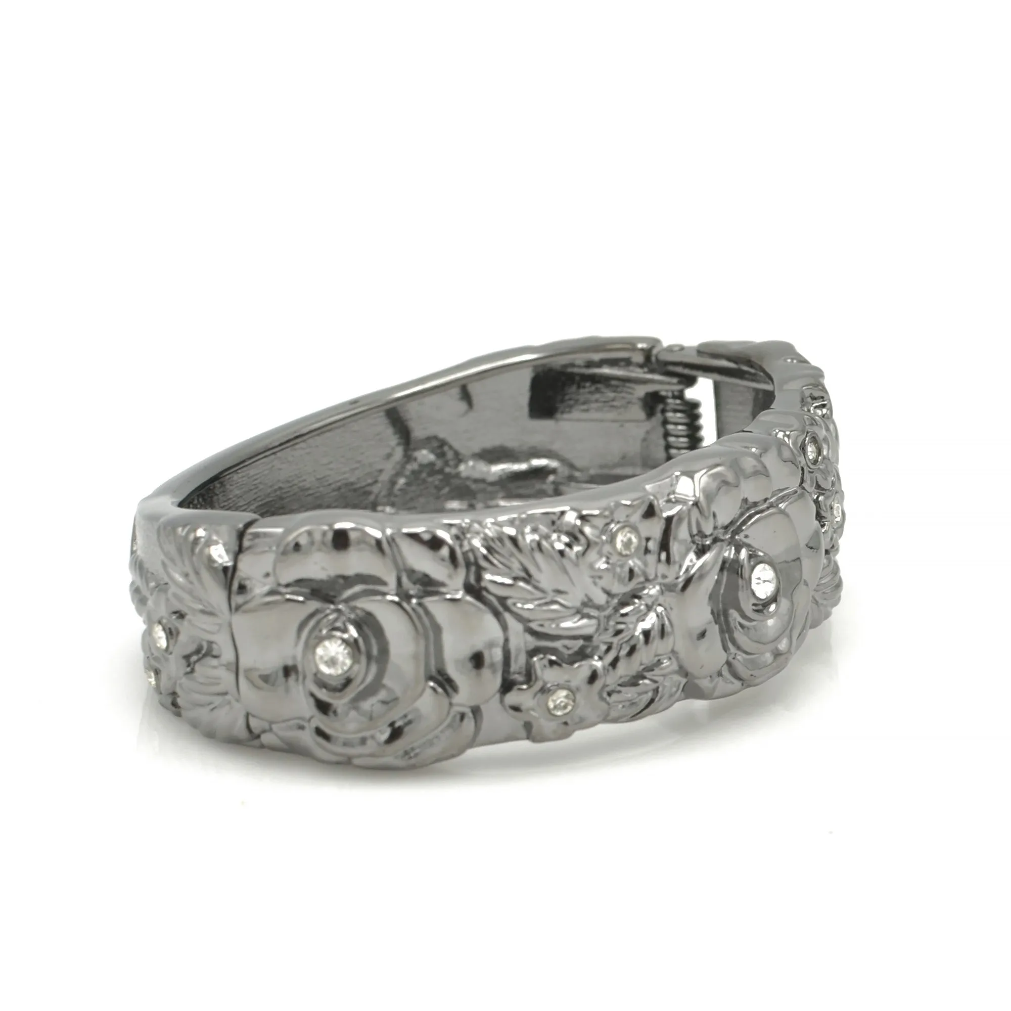 HEMATITE TONE METAL FLOWER DESIGN AND CRYSTAL HINGED BRACELET# FW-B7562S