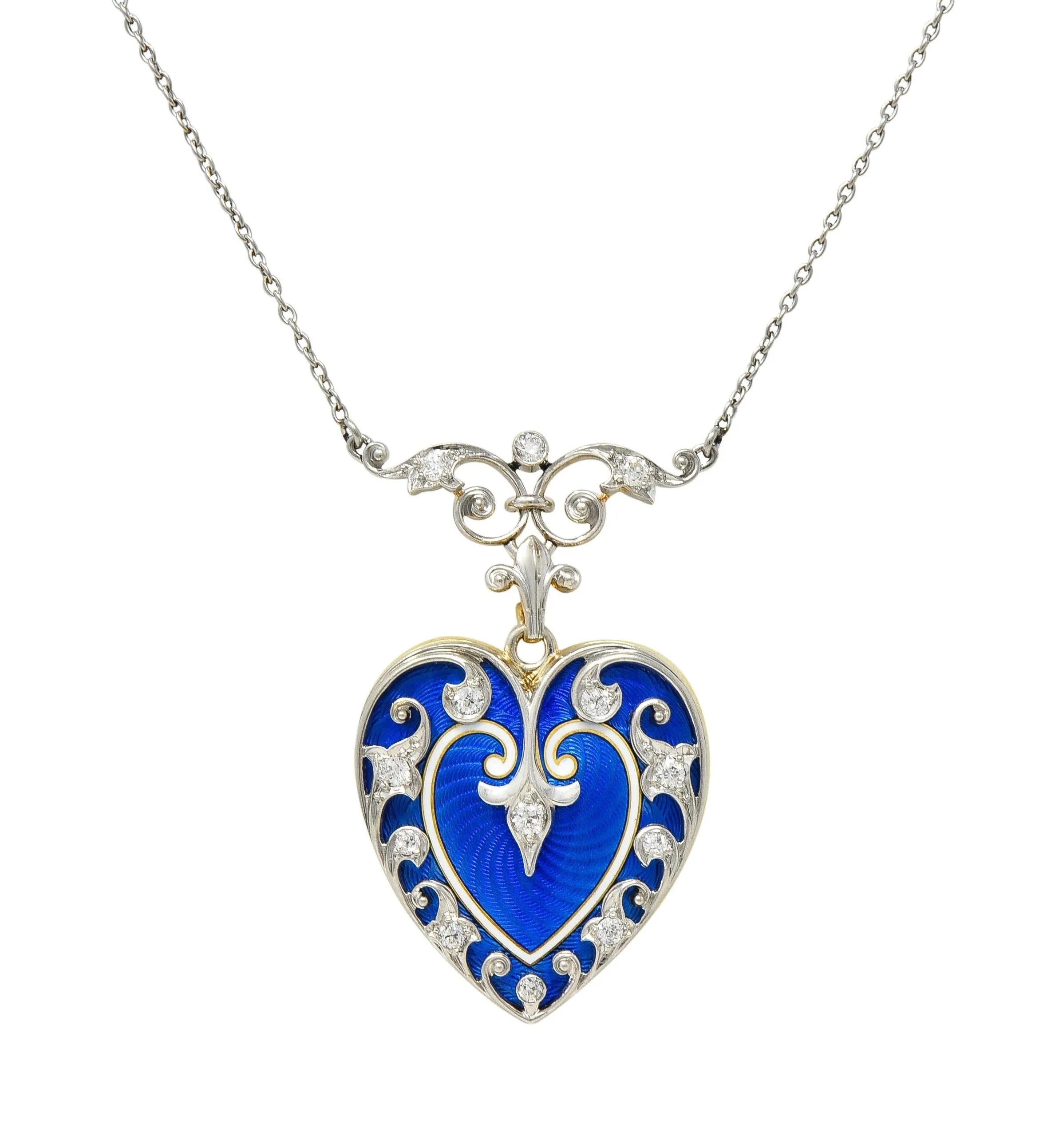 Henry Blank & Co Edwardian Diamond Enamel Platinum 14K Gold Antique Heart Locket Pendant Necklace