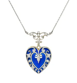 Henry Blank & Co Edwardian Diamond Enamel Platinum 14K Gold Antique Heart Locket Pendant Necklace