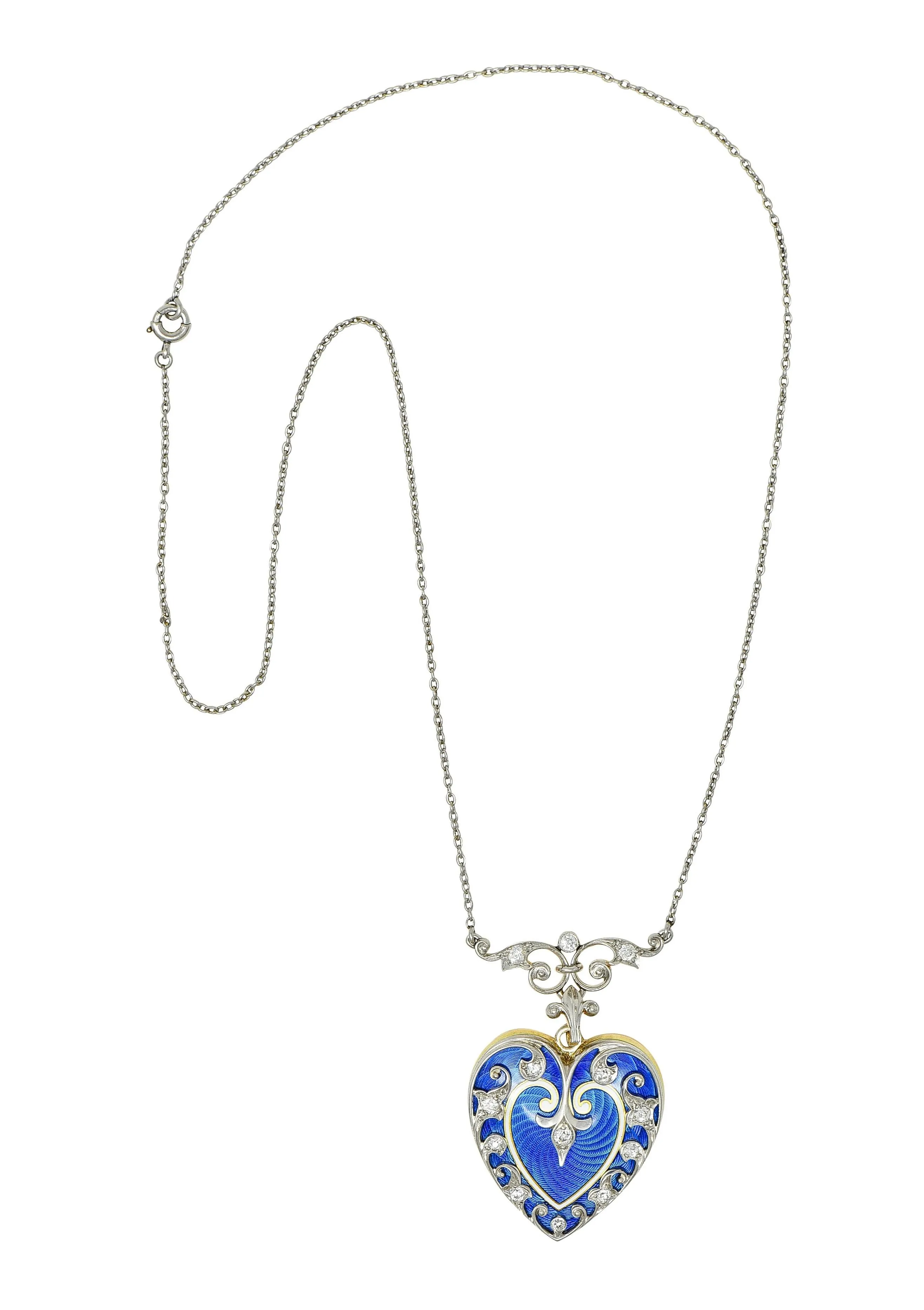 Henry Blank & Co Edwardian Diamond Enamel Platinum 14K Gold Antique Heart Locket Pendant Necklace