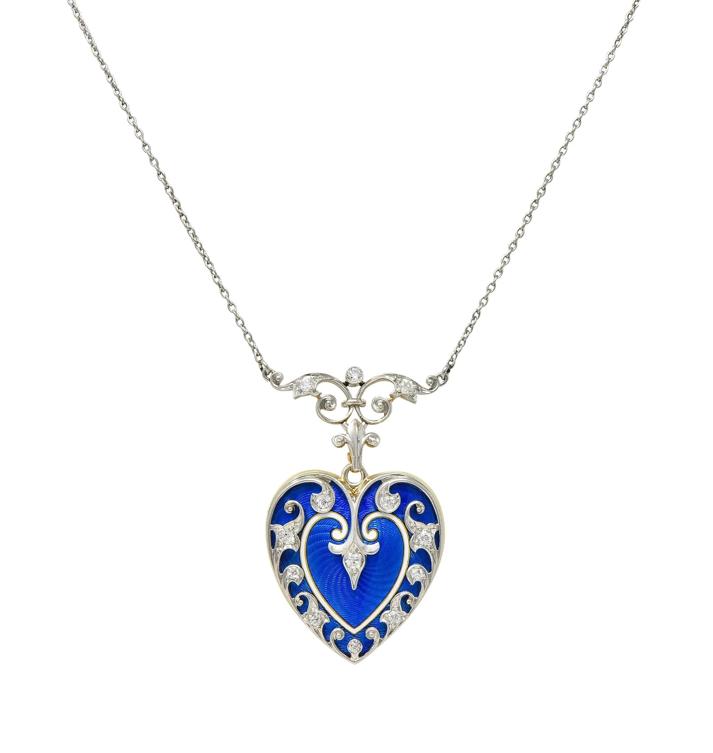 Henry Blank & Co Edwardian Diamond Enamel Platinum 14K Gold Antique Heart Locket Pendant Necklace