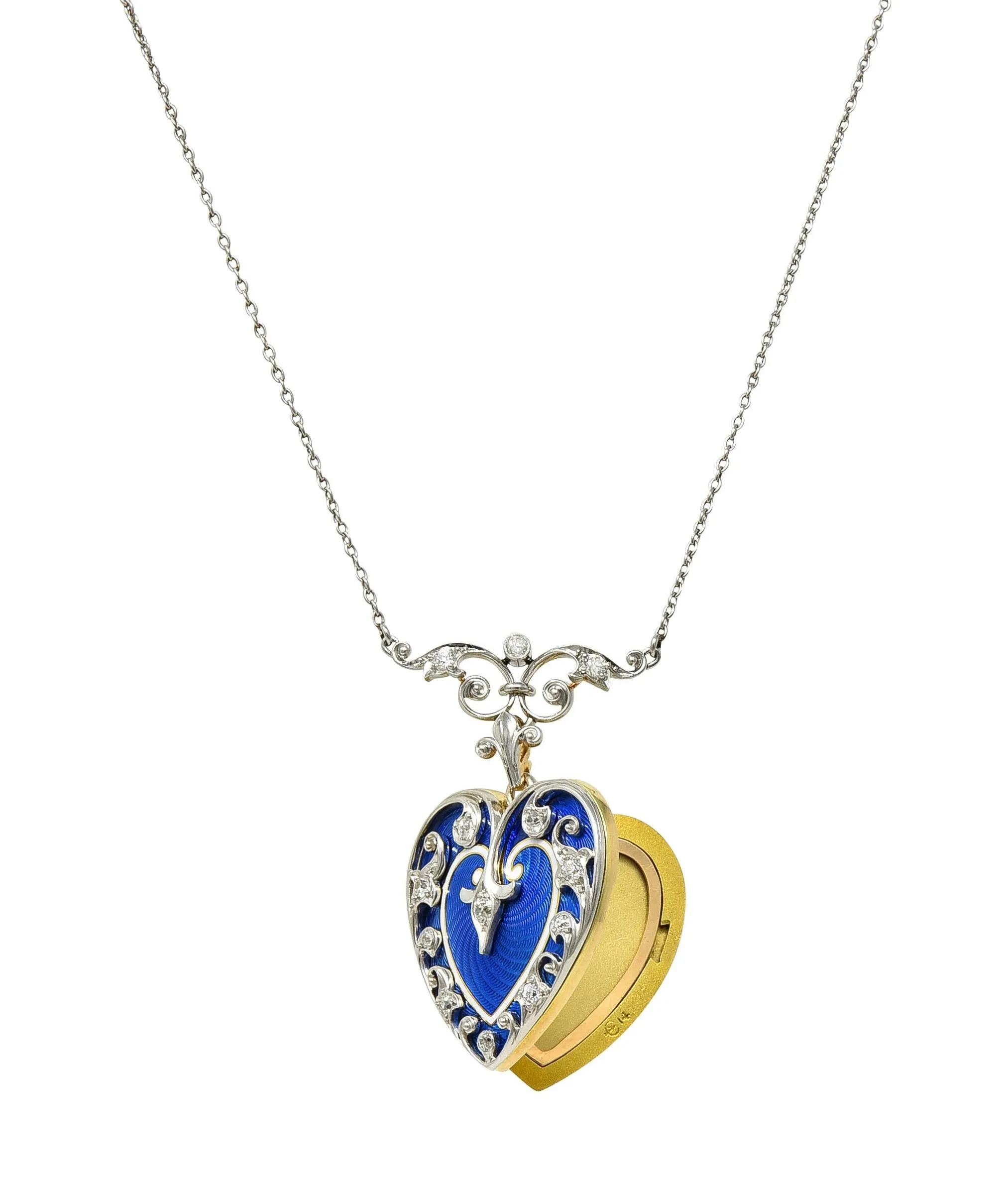 Henry Blank & Co Edwardian Diamond Enamel Platinum 14K Gold Antique Heart Locket Pendant Necklace