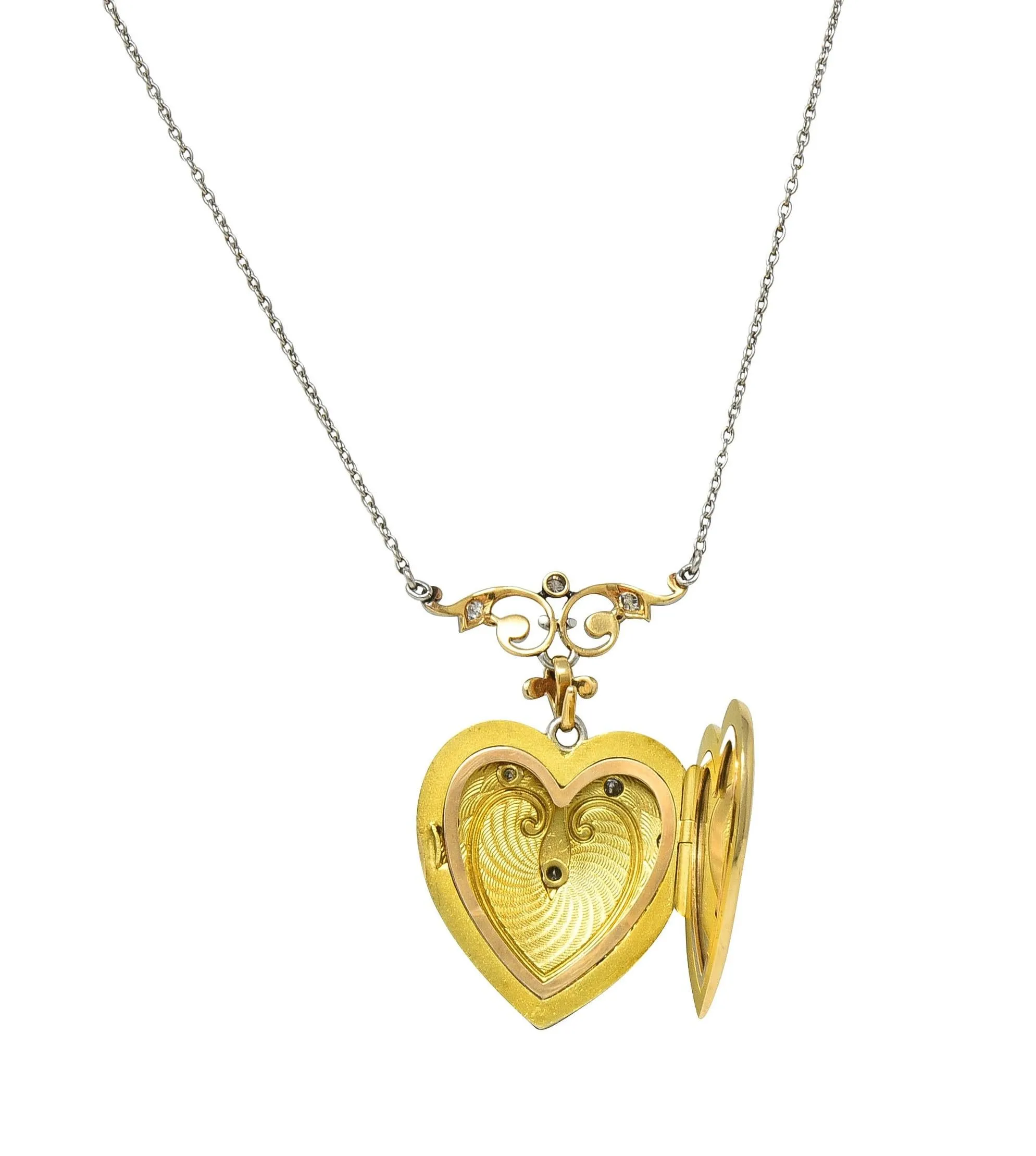Henry Blank & Co Edwardian Diamond Enamel Platinum 14K Gold Antique Heart Locket Pendant Necklace