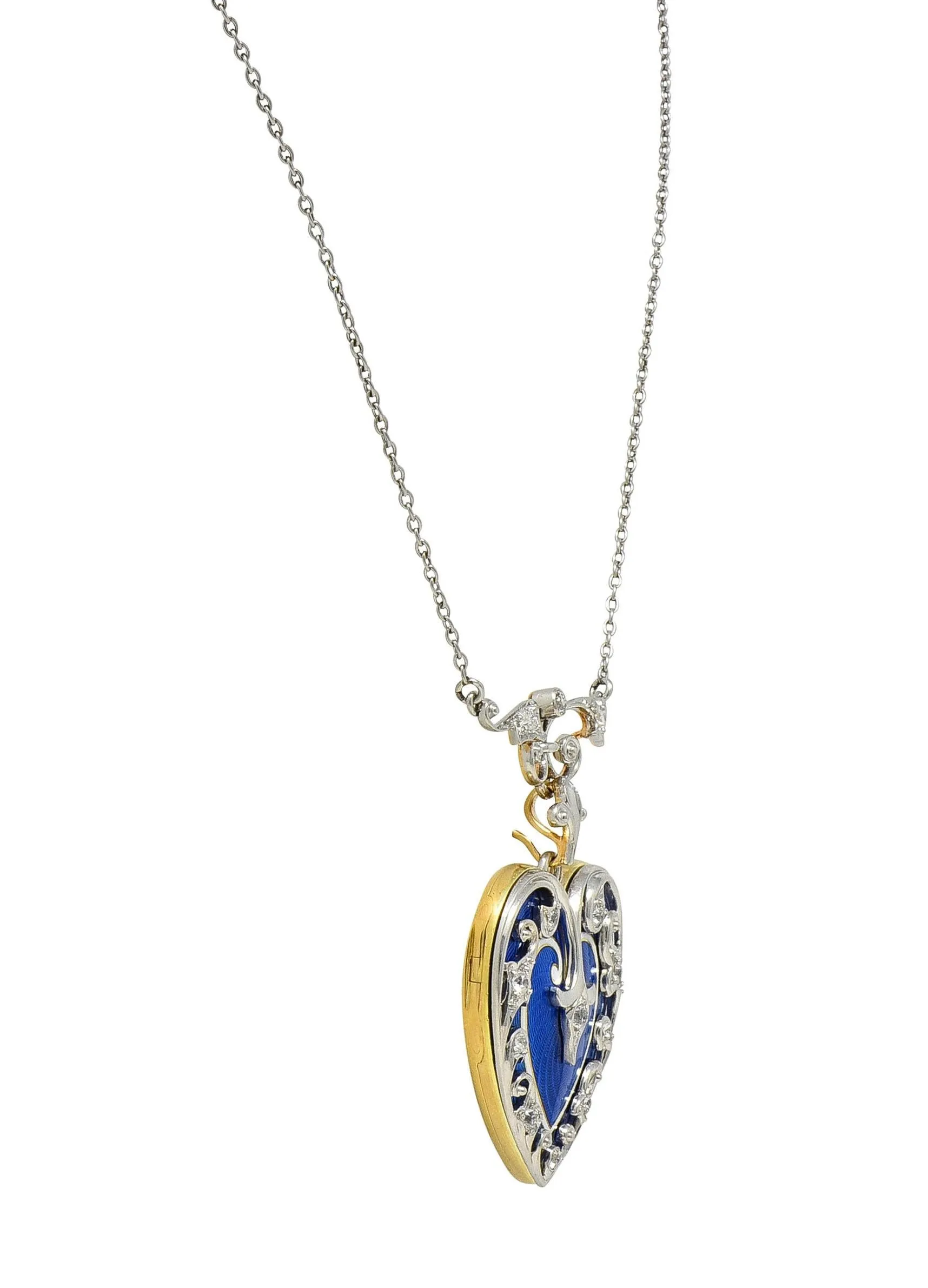 Henry Blank & Co Edwardian Diamond Enamel Platinum 14K Gold Antique Heart Locket Pendant Necklace