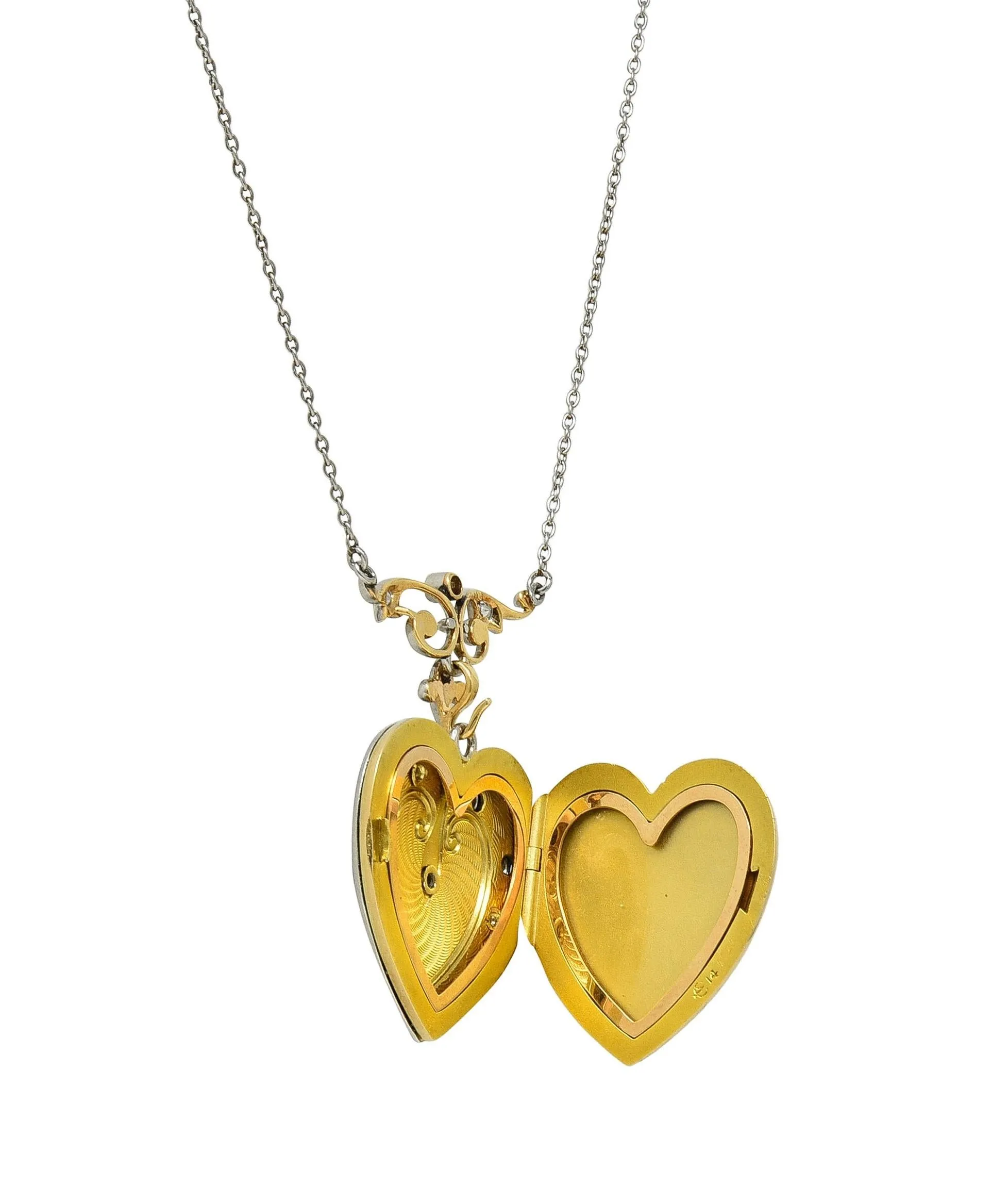 Henry Blank & Co Edwardian Diamond Enamel Platinum 14K Gold Antique Heart Locket Pendant Necklace