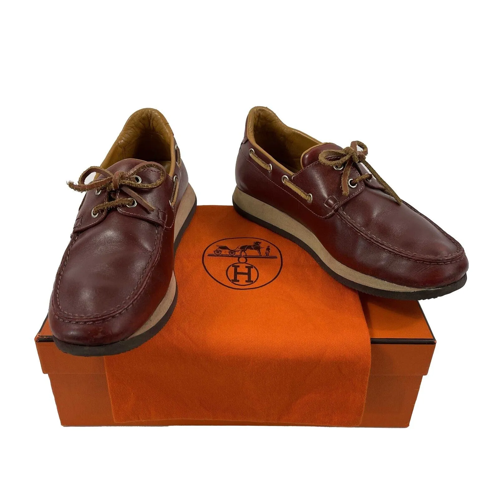 HERMES - Leather Lace Up Nautical Burgundy Platform Loafers - 38 US 8