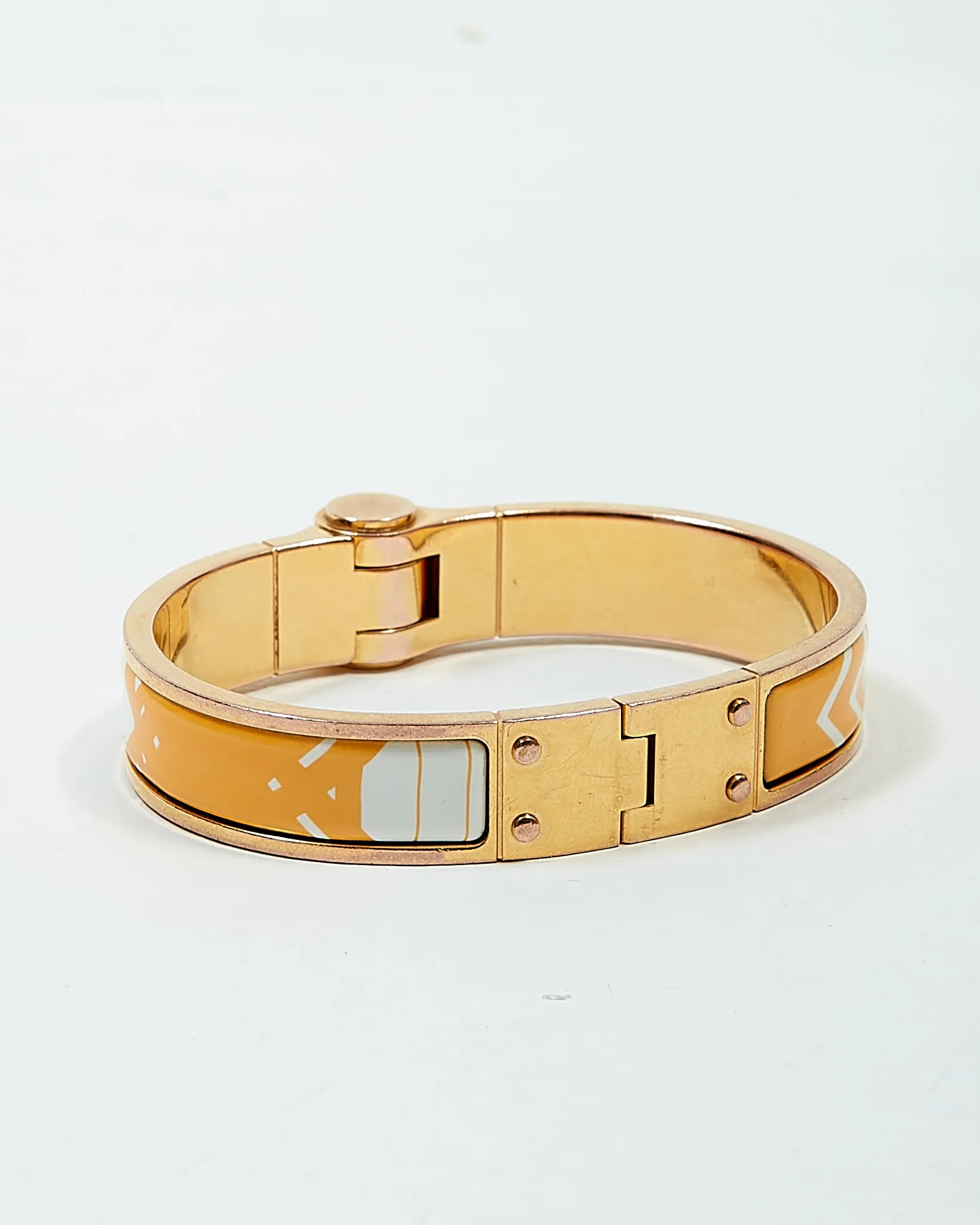 Hermes Yellow/White Sellier 18K Gold Plated Brass Hinged Enamel Bracelet
