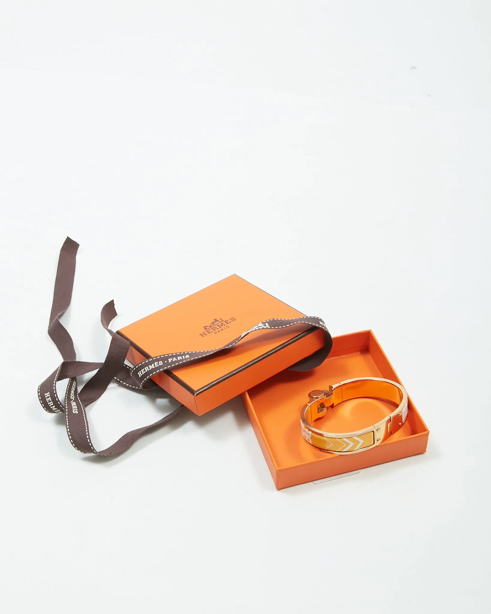 Hermes Yellow/White Sellier 18K Gold Plated Brass Hinged Enamel Bracelet