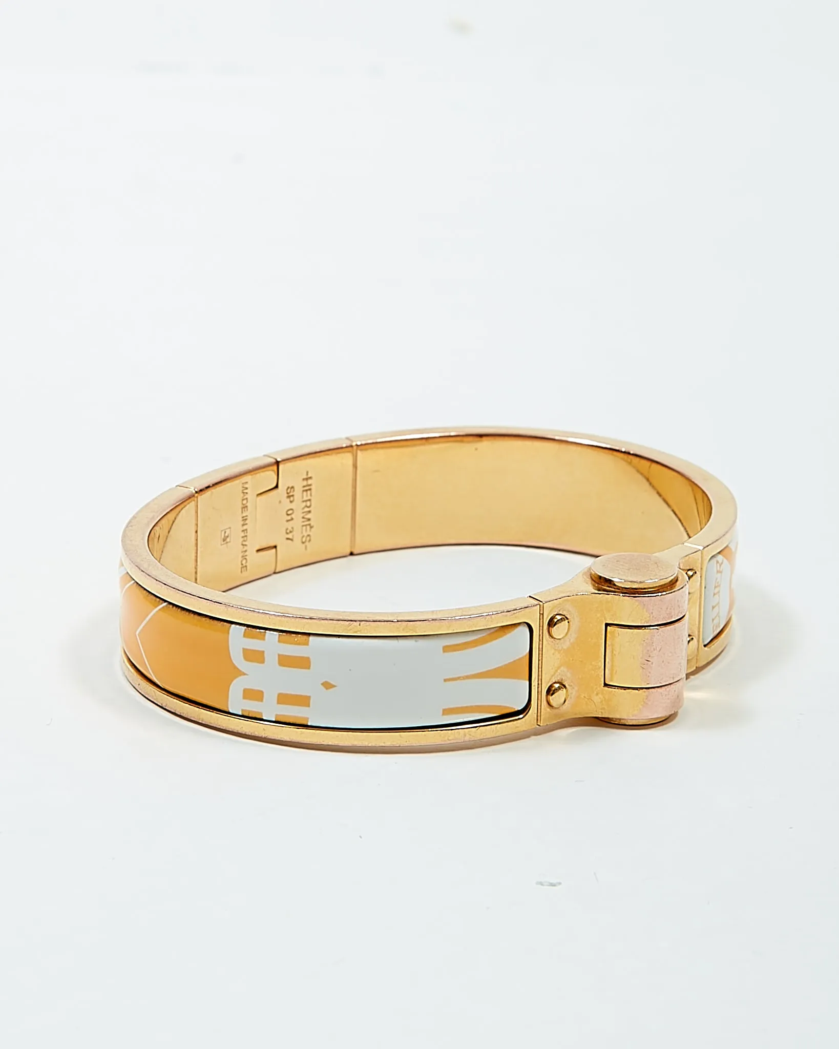 Hermes Yellow/White Sellier 18K Gold Plated Brass Hinged Enamel Bracelet