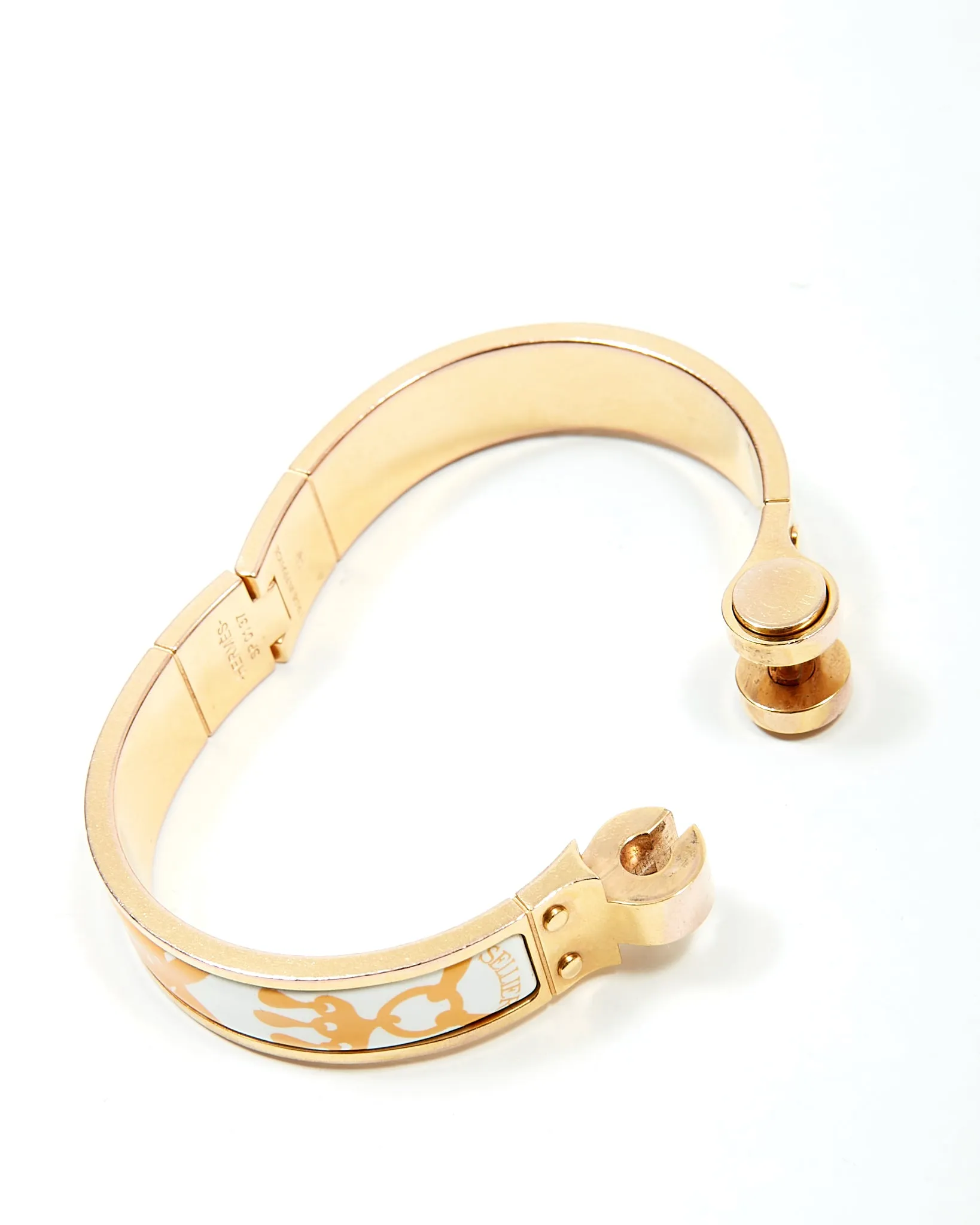 Hermes Yellow/White Sellier 18K Gold Plated Brass Hinged Enamel Bracelet