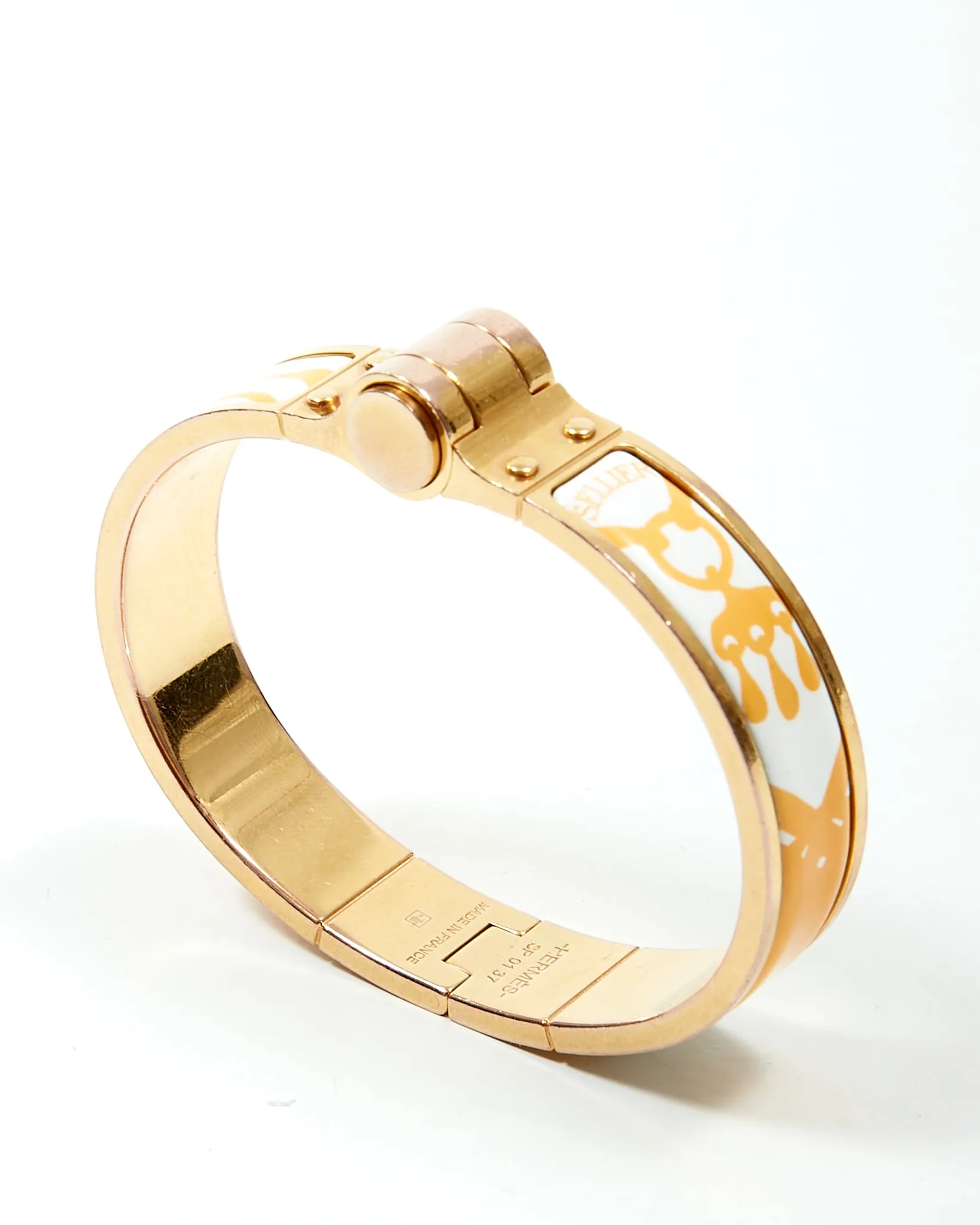 Hermes Yellow/White Sellier 18K Gold Plated Brass Hinged Enamel Bracelet