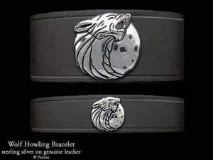 Howling Wolf Head Bracelet Sterling Silver on Genuine Leather