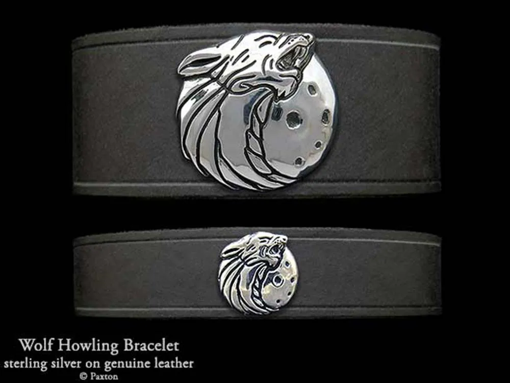Howling Wolf Head Bracelet Sterling Silver on Genuine Leather