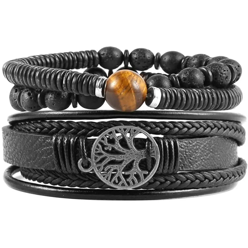 HZMAN Genuine Leather Tree of life Bracelets Men Women, Tiger Eye Natural Stone Lava Rock Beads Ethnic Tribal Elastic Bracelets Wristbands | Multiple Colors