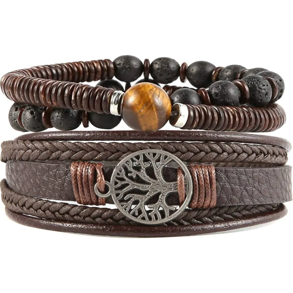 HZMAN Genuine Leather Tree of life Bracelets Men Women, Tiger Eye Natural Stone Lava Rock Beads Ethnic Tribal Elastic Bracelets Wristbands | Multiple Colors