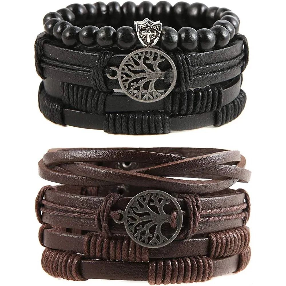 HZMAN Genuine Leather Tree of life Bracelets Men Women, Tiger Eye Natural Stone Lava Rock Beads Ethnic Tribal Elastic Bracelets Wristbands | Multiple Colors