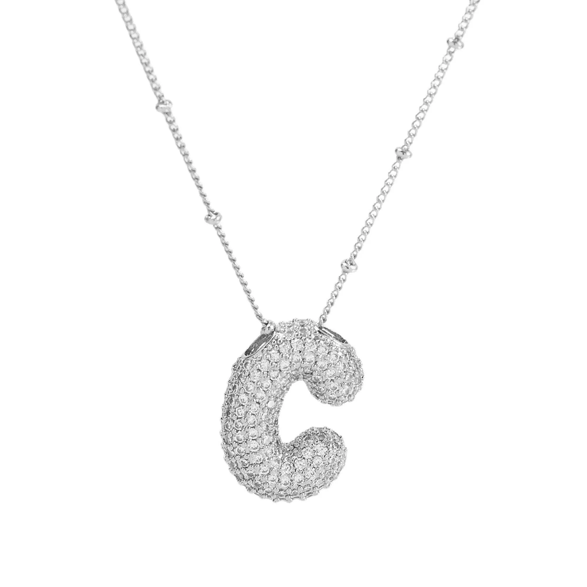 Initial CZ Balloon Bubble Sterling Silver Necklace: S