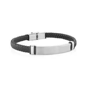 Italgem Black Braided Leather with Stainless Steel ID Plate Bracelet