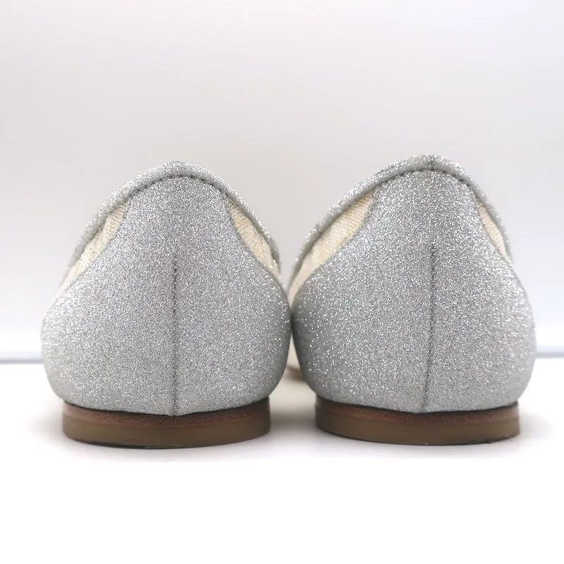 Jimmy Choo Love Glittered Tulle Pointed Toe Flats Silver Size 39