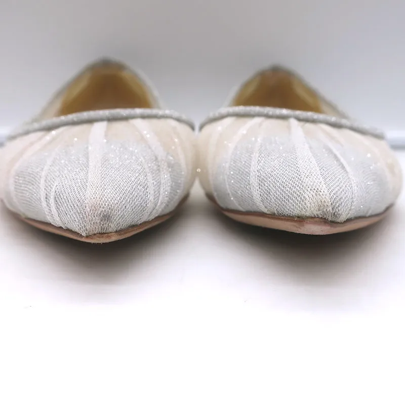 Jimmy Choo Love Glittered Tulle Pointed Toe Flats Silver Size 39