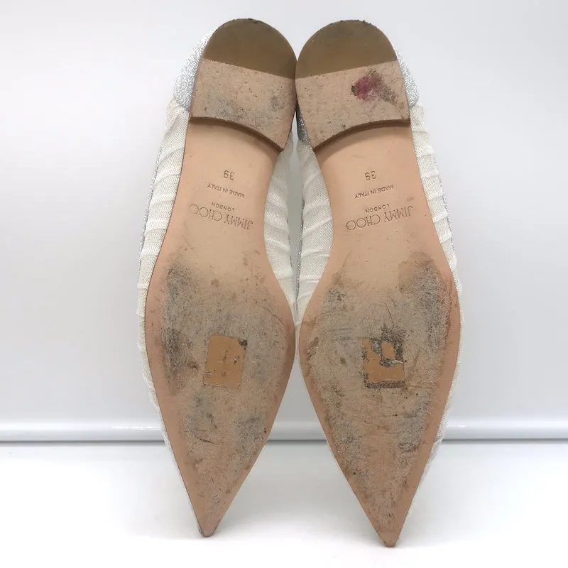 Jimmy Choo Love Glittered Tulle Pointed Toe Flats Silver Size 39