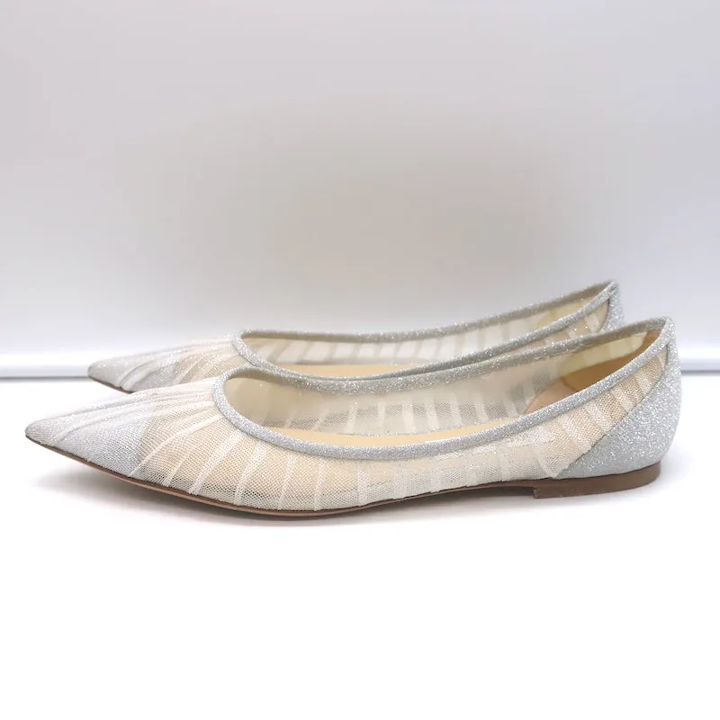 Jimmy Choo Love Glittered Tulle Pointed Toe Flats Silver Size 39
