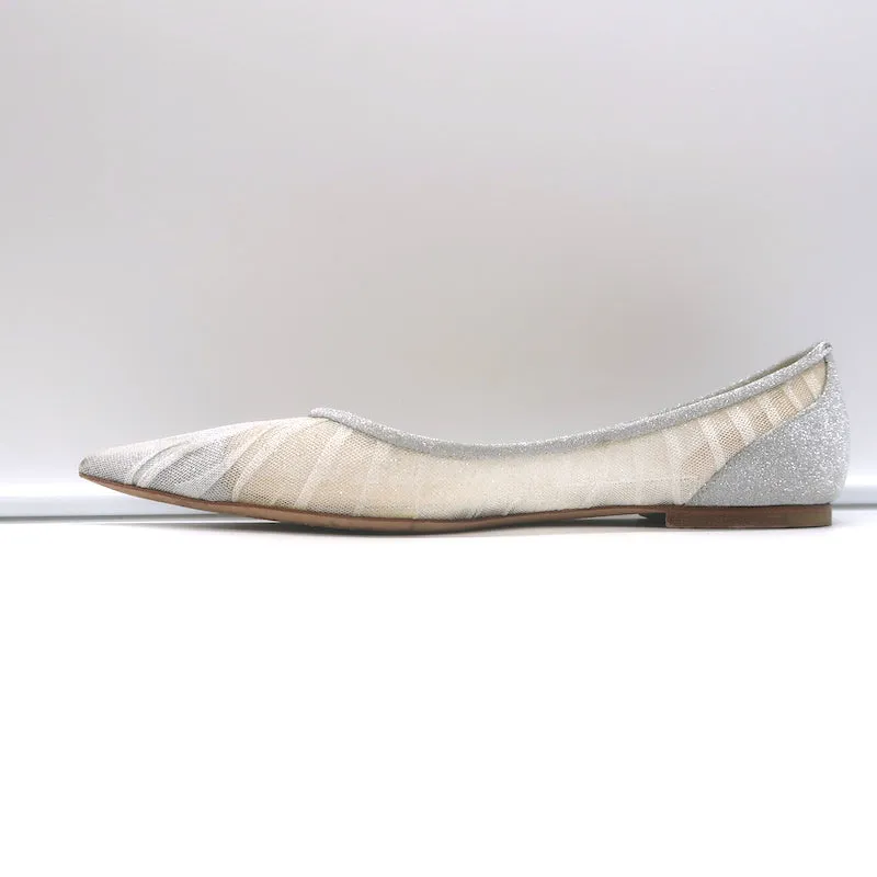 Jimmy Choo Love Glittered Tulle Pointed Toe Flats Silver Size 39
