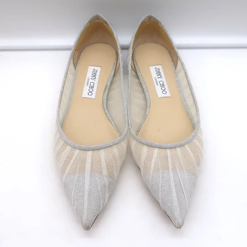 Jimmy Choo Love Glittered Tulle Pointed Toe Flats Silver Size 39
