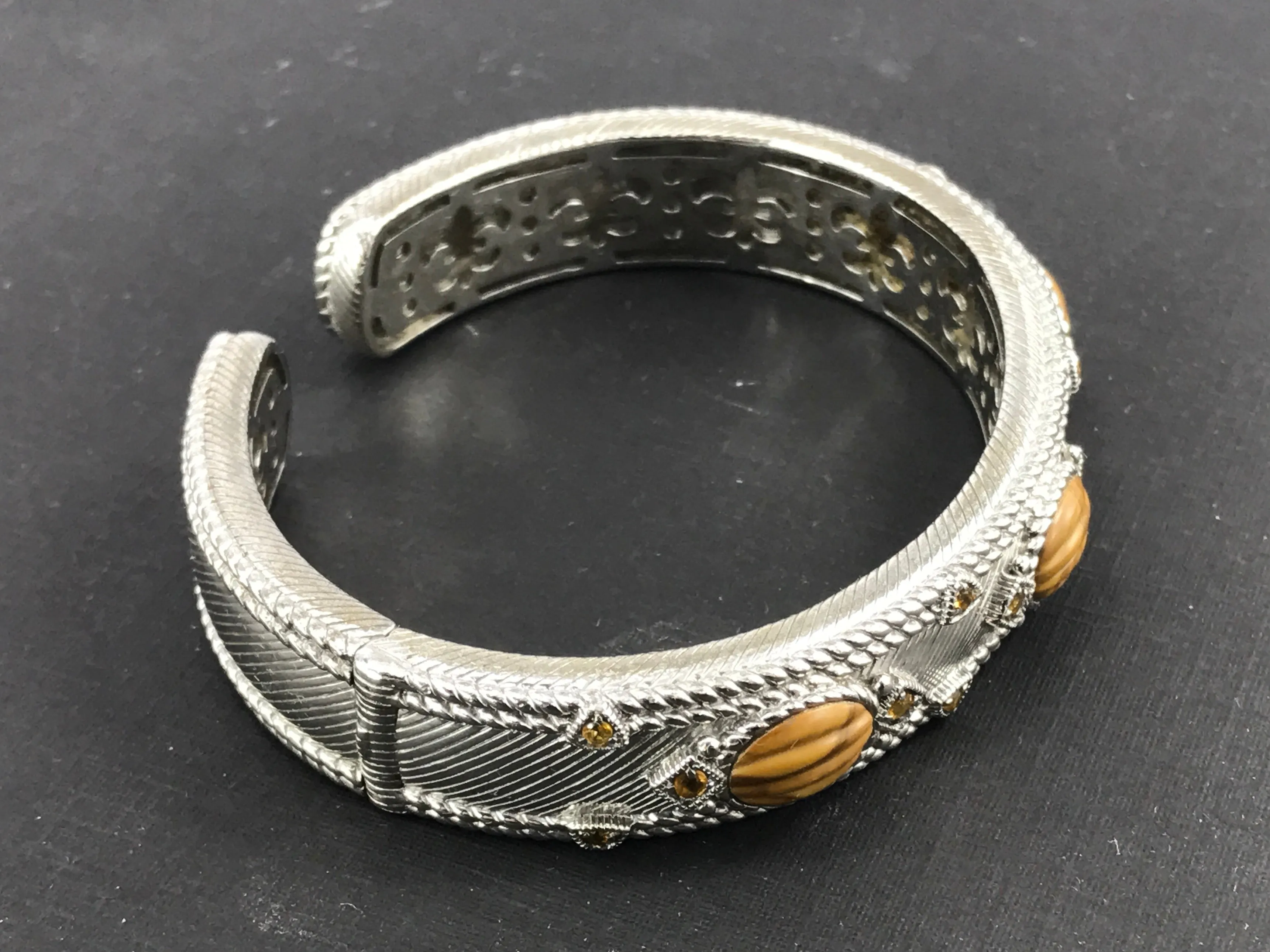 Judith Ripka Sterling Silver Tigers Eye & Citrine Station Hinged Bangle Bracelet