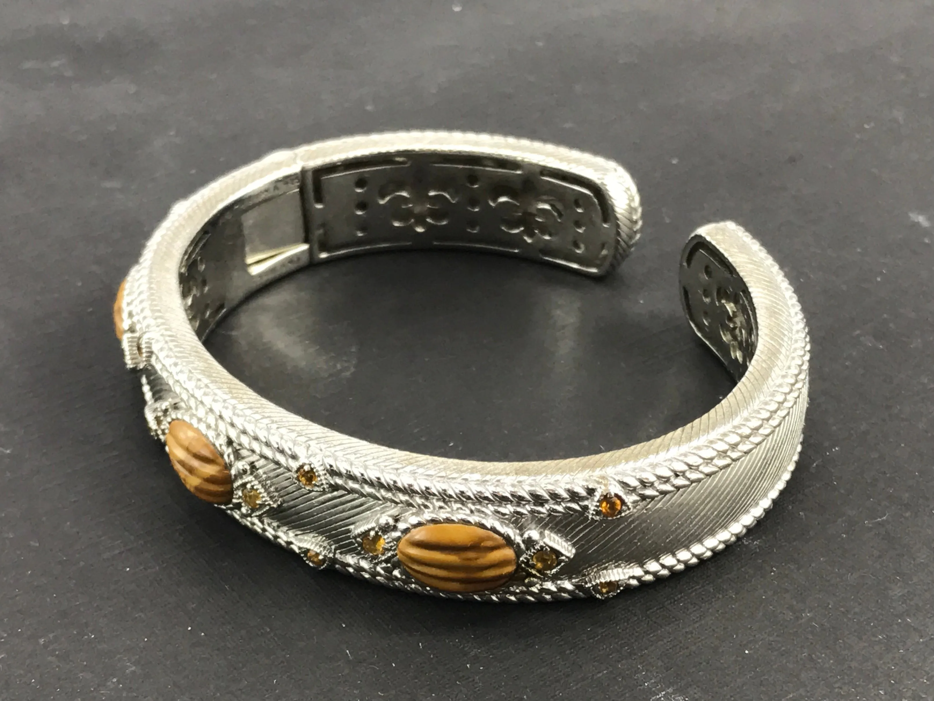 Judith Ripka Sterling Silver Tigers Eye & Citrine Station Hinged Bangle Bracelet