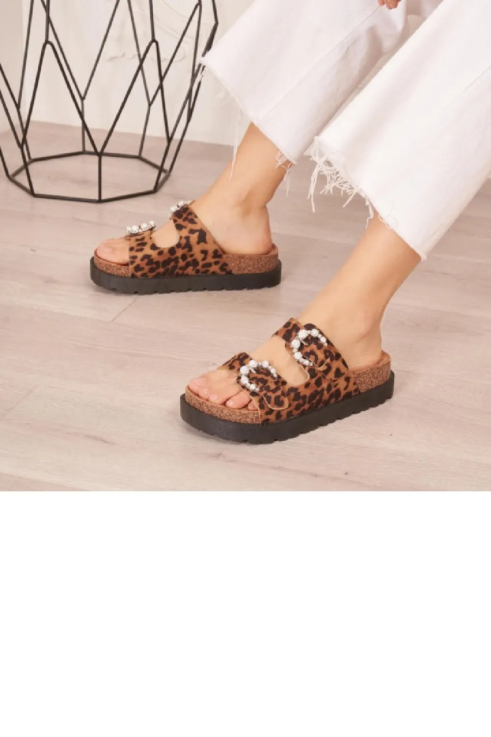 LEOPARD DOUBLE STRAP ANTIQUE DIAMANTE BUCKLE PLATFORM SLIDER SANDALS